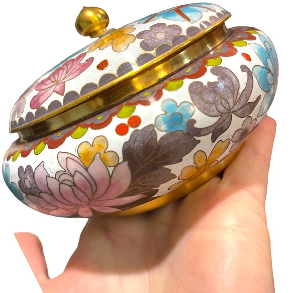 JINGFA chinese Cloissone Brass painted metal trinket bowl & lid - Picture 3 of 8